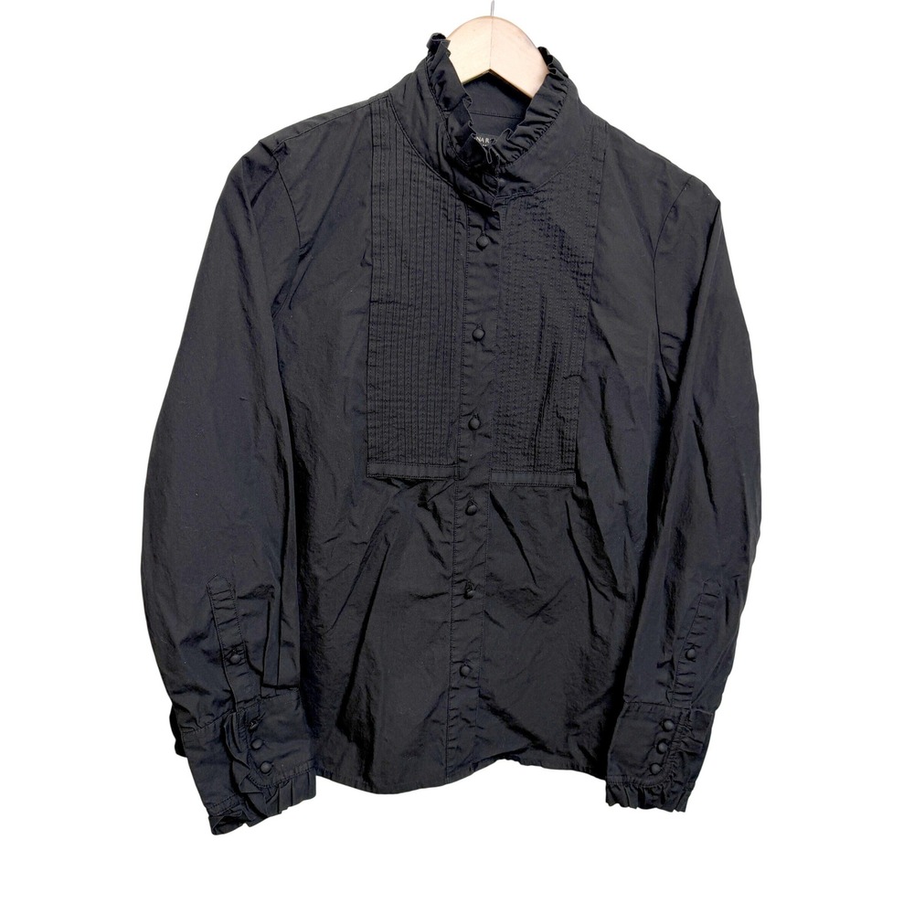 Banana Republic Womens Ruffle Neck Tuxedo Pleat Blouse M Black Victorian Career